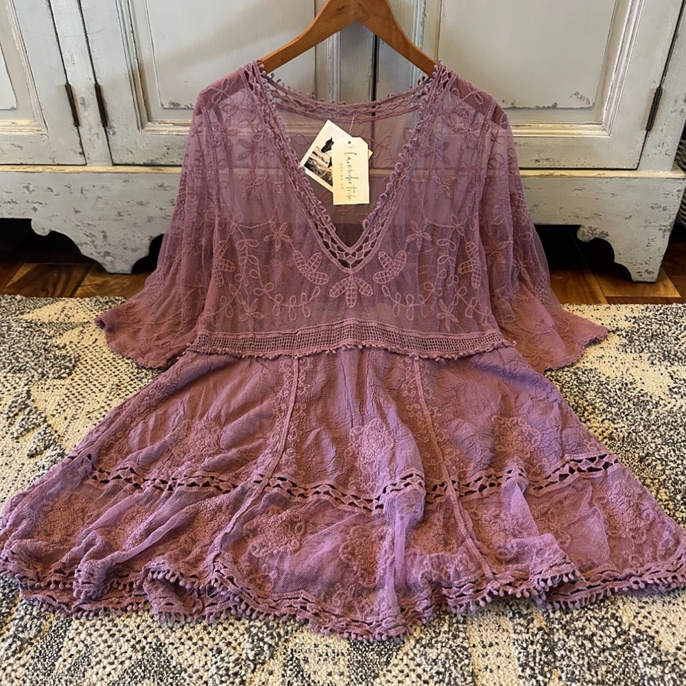 New Lilac Purple Lace Crochet Boho Folk Tunic Blouse Top Cover-Up Womens Beach